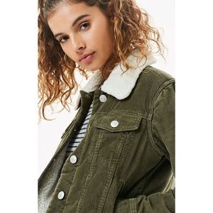 (PacSun) Olive corduroy faux fur lined jacket